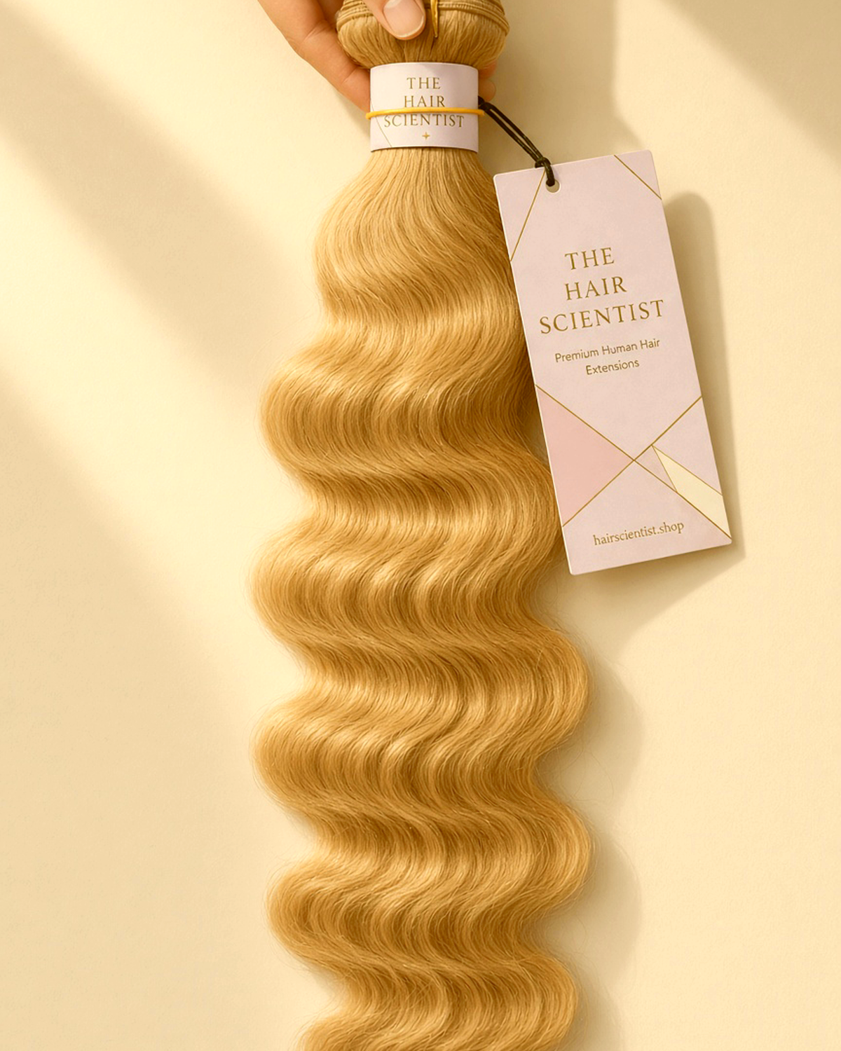 #613 blonde body wave bundle held in hand, with The Hair Scientist wrap and hang tag