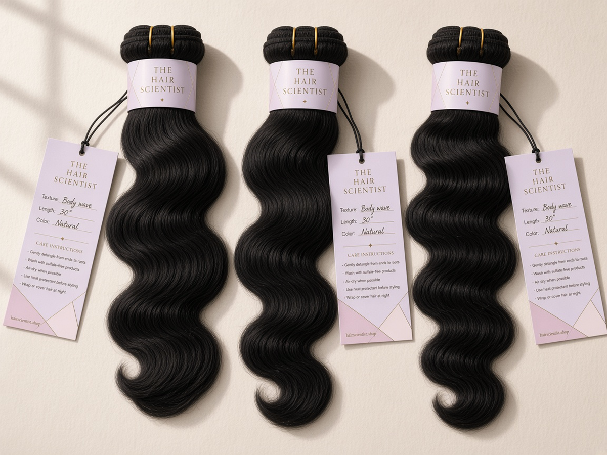 Three natural color body wave bundles fanned out with filled-in hang tags