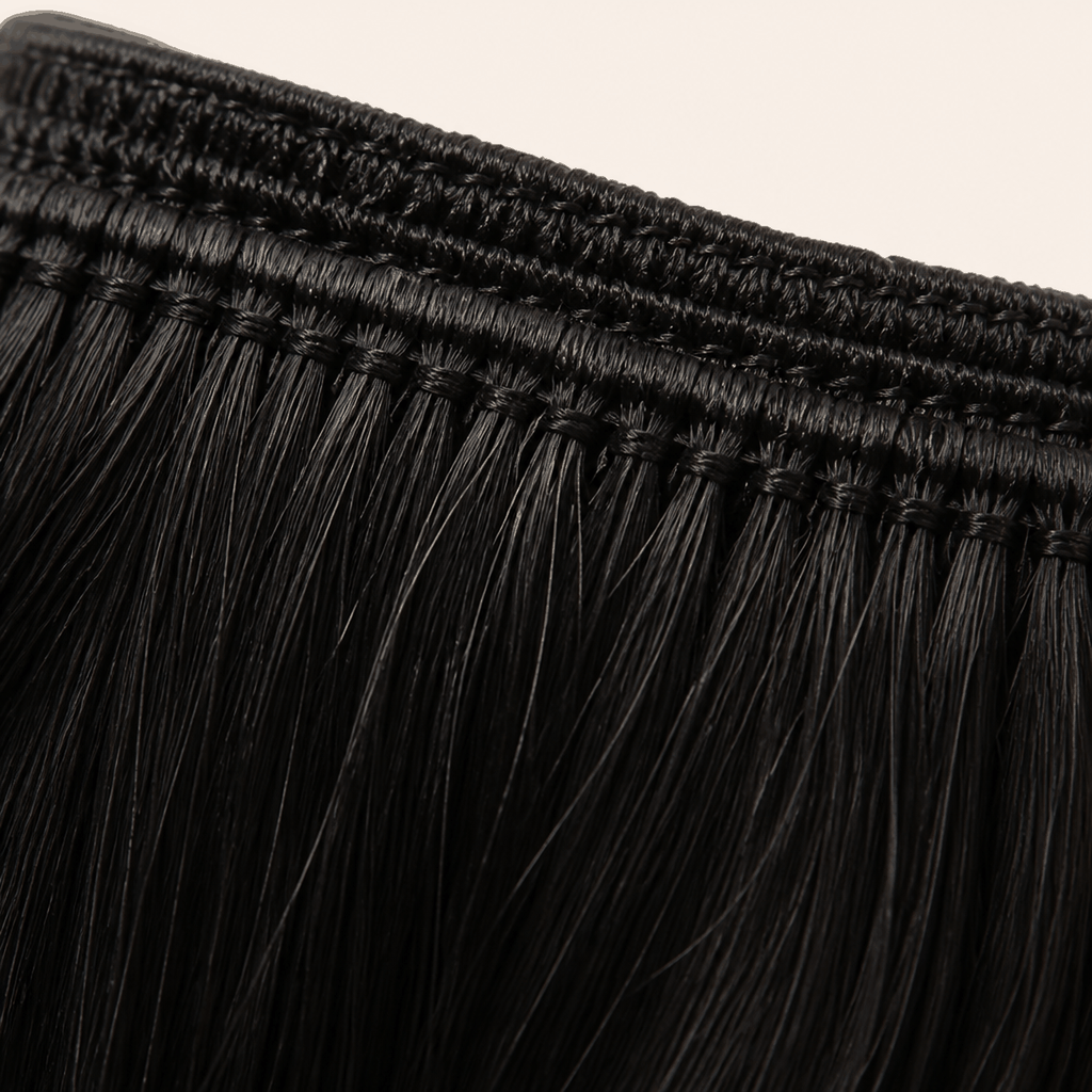Machine weft detail on a body wave human hair bundle